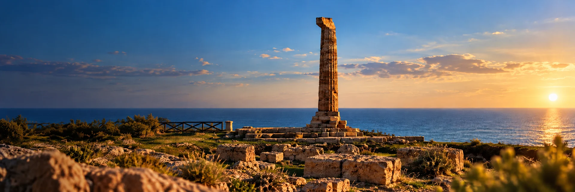 Capo Colonna, Crotone: la colonna e i resti archeologici affacciati sul mare Ionio al tramonto