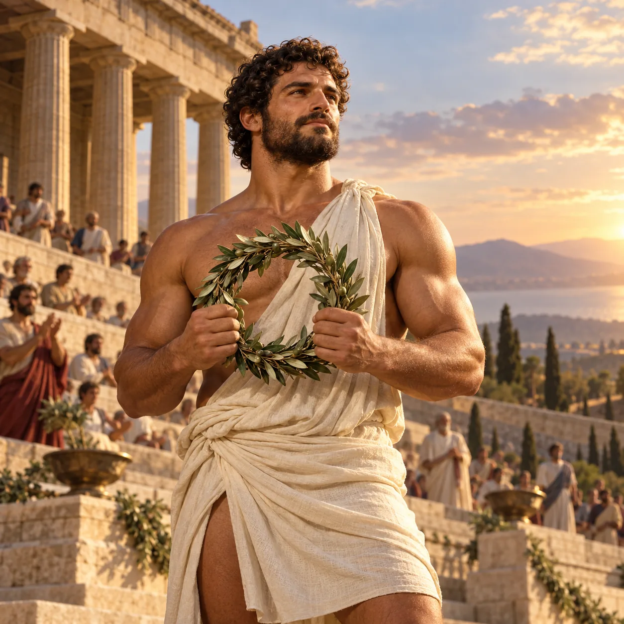 Rappresentazione artistica di Milone vittorioso con una corona di ulivo nello stadio dell’antica Grecia